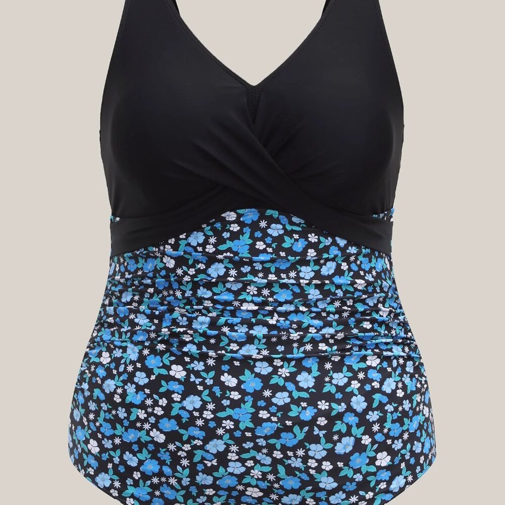 BloomChic 3X (22–24) Black Blue Floral Twist Tummy Cntrl One-Piece Swimsuit NWT - Picture 5 of 10